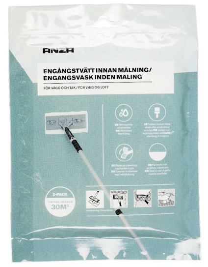 Förpackning med engångstvätt för vägg och tak, med instruktioner och grafik på framsidan.