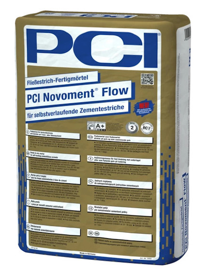 Förpackning av PCI Novoment Flow med text på framsidan på tyska, designad i blått och vitt.