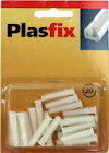 Förpackning med vita plastexpander av märket Plasfix, synlig genom genomskinligt plastfönster.