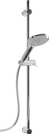 Duschset med kromad duschstång, handdusch med flera stråltyper och flexibel duschslang.