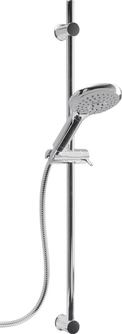 Duschset med kromad duschstång, handdusch med flera stråltyper och flexibel duschslang.