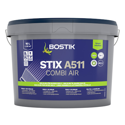 Plastbehållare med etikett "Bostik STIX A511 COMBI AIR" och text på flera språk.