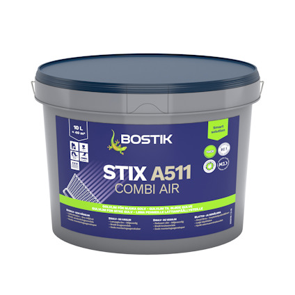 Behållare av Bostik STIX A511 COMBI AIR, 10L, med blå lock och etikettinformation.