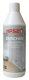 Flaska med etiketttext: "MP52 Duschan Specialrengöring", bild av ett badrum med glasduschvägg.