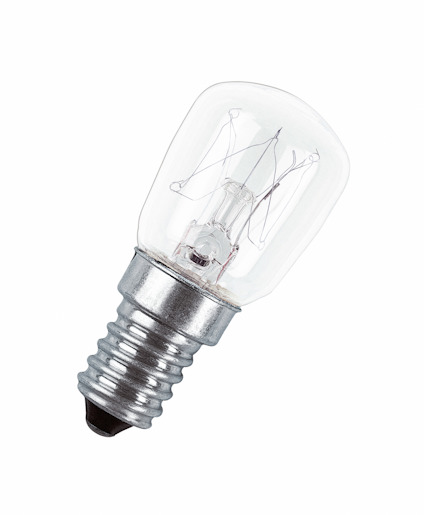 Glödlampa med klar glaskupa och E14-sockel.