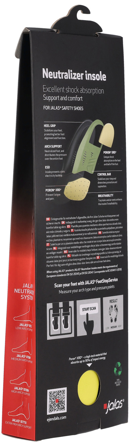 Förpackning med Neutralizer insole, beskrivande text om stötdämpning och komfort. QR-kod och grafik av sulor.