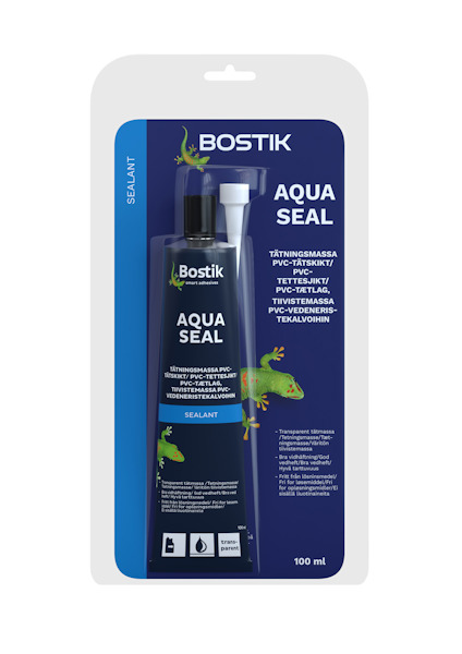 Förpackning med Bostik Aqua Seal fogmassa, innehåller tub och munstycke.