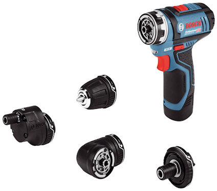 Skruvdragare med flera olika utbytbara huvuden placerade runt den. Märkt "Bosch Professional".