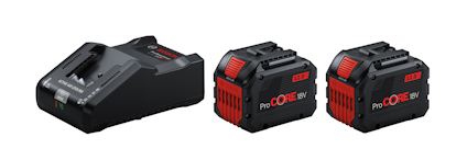 Batteriladdare och två batterier med märkningen "ProCORE 18V", svart och röd design.