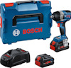 En blå Bosch mutterdragare med batteri, laddare och förvaringsväska i plast, allt märkt med Bosch-logotypen.
