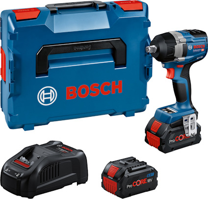 En blå Bosch mutterdragare med batteri, laddare och förvaringsväska i plast, allt märkt med Bosch-logotypen.