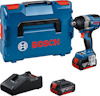 Sladdlös mutterdragare med batteri och laddare nära en blå och röd förvaringsväska med Bosch-logotyp.