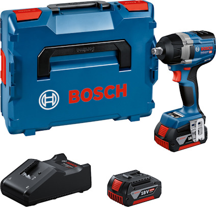 Sladdlös mutterdragare med batteri och laddare nära en blå och röd förvaringsväska med Bosch-logotyp.
