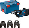 Blått och svart Bosch pressverktyg med batteri, tre pressbackar och en blå förvaringslåda med röda detaljer.