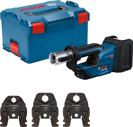 Blått och svart Bosch pressverktyg med batteri, tre pressbackar och en blå förvaringslåda med röda detaljer.