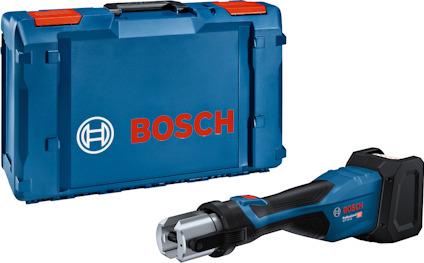 Blå pressverktyg med svart handtag och batteri framför en blå Bosch verktygslåda med röd text och låsklämmor.