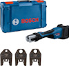 Blå Bosch pressverktyg med tre olika pressbackar och en Bosch-verktygslåda med rött och vitt Bosch-märke.