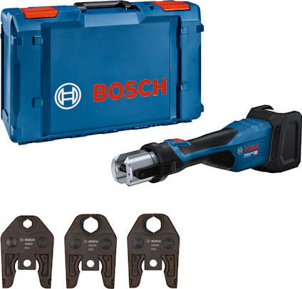 Blå Bosch pressverktyg med tre olika pressbackar och en Bosch-verktygslåda med rött och vitt Bosch-märke.