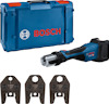 Blå Bosch-verktygsbox, batteridrivet pressverktyg och tre pressbackar.