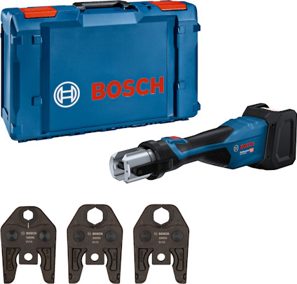 Blå Bosch-verktygsbox, batteridrivet pressverktyg och tre pressbackar.