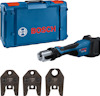 Blå Bosch pressverktyg med väska och tre utbytbara käftar placerade framför verktyget.