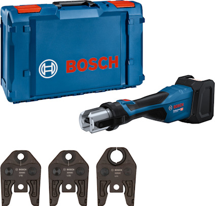 Blå Bosch pressverktyg med väska och tre utbytbara käftar placerade framför verktyget.