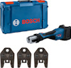 Blå Bosch-pressverktyg med tillhörande bärväska och tre pressbackar.