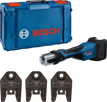 Blå Bosch-pressverktyg med tillhörande bärväska och tre pressbackar.