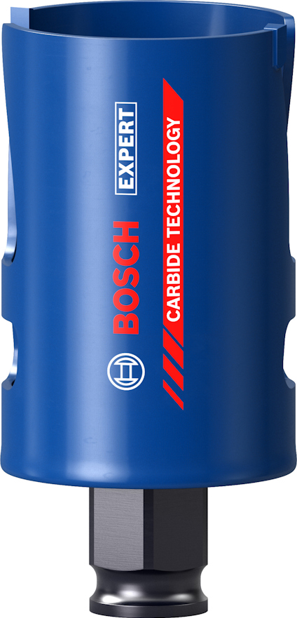 Blå hålsåg med Bosch-logotyp och "Expert Carbide Technology" i röd och vit text.