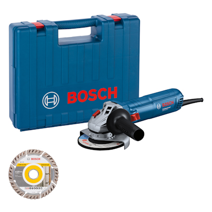 Blå vinkelslip och blå plastväska med Bosch-logotyp. Diamantkapskiva ligger bredvid verktyget.