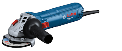 Vinkelslipmaskin med blått plasthölje, svart handtag och strömbrytare; Bosch-logotyp synlig.