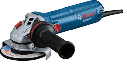 Vinkelslip med blått och svart handtag, sidoskydd och logotypen "Bosch" synlig på sidan.