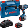 Portabel mutterdragare med batteri, laddare och förvaringslåda i blått och rött, märkt med "Bosch".