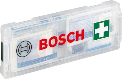 Första hjälpen-kit i transparent låda med Bosch-logotyp och grönt kors på framsidan.