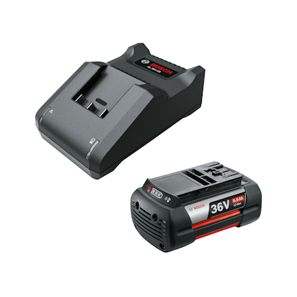 Batteriladdare och batteripaket med Bosch-logotyp, 36V, 6Ah kapacitet.
