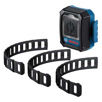 Svart och blå Bosch Bluetooth-modul med tre svarta gummiband bredvid.
