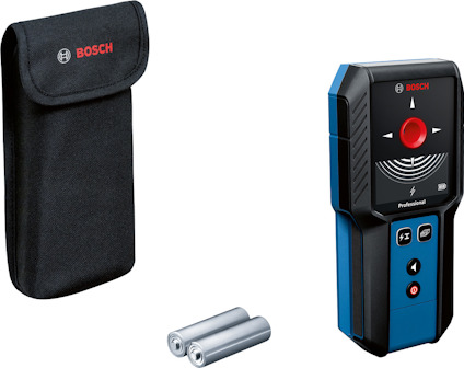 Digital detektor med svart väska och två silverfärgade batterier, Bosch-logotypen synlig.