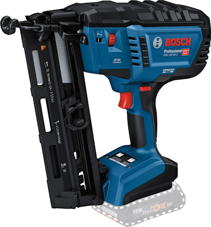Dyckertpistol i blått och svart med röda detaljer, märkt med "Bosch Professional." Batterifack i basen.