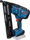Dyckertpistol i blått och svart med Bosch-logotyp, laddad med en magasin för spikar och ett batteri i basen.