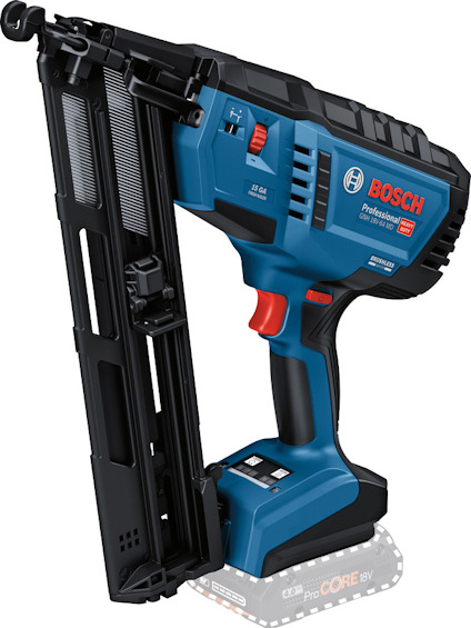Dyckertpistol i blått och svart med Bosch-logotyp, laddad med en magasin för spikar och ett batteri i basen.