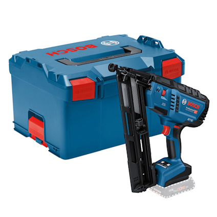 Dyckertpistol i blått med svart magasin och batterifack, bredvid en blå förvaringslåda med röda detaljer och texten "BOSCH".