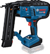 Dyckertpistol med blå och svart design, röd avtryckare och Bosch-logotyp. Batterifacket är markerat med streckad kontur.