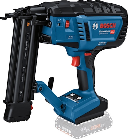 Dyckertpistol med blå och svart design, röd avtryckare och Bosch-logotyp. Batterifacket är markerat med streckad kontur.