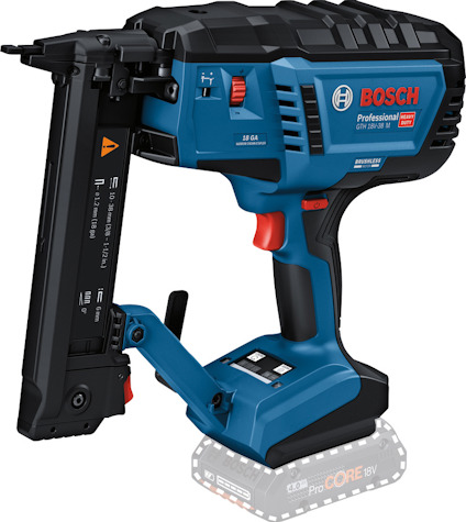 Blå och svart elektrisk klammerpistol med röd avtryckare och synligt Bosch-varumärke.