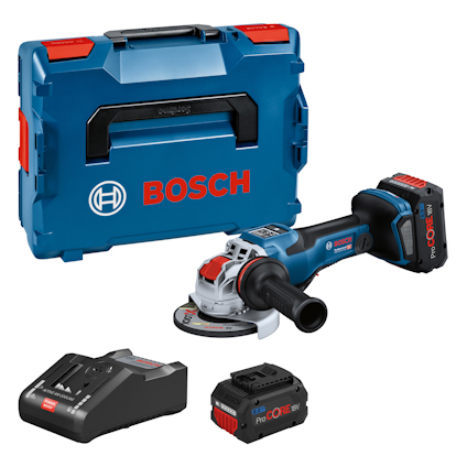 Vinkelslip med Bosch-logga, laddare, batteri och L-BOXX-förvaringslåda.