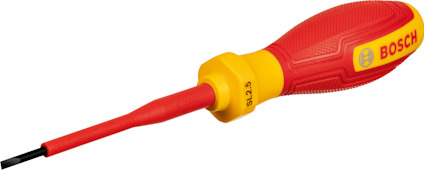 Röd och gul skruvmejsel med ett platt huvud och texten "SL 2,5" på skaftet, märkt "Bosch" på handtaget.