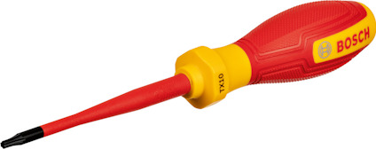 Skruvmejsel med rött och gult isolerat handtag, spets märkt "TX10", Bosch-logotyp på sidan.