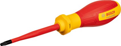 Röd och gul skruvmejsel med isolerat handtag, märkt med "BOSCH Professional" och "VDE".