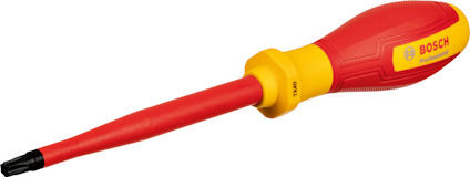 Skruvmejsel med rött och gult handtag, isolerat för VDE-arbeten. Märkt med Bosch-logotypen.
