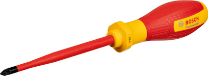Skruvmejsel med röd och gul isolerad handtag och svart spets, märkning "BOSCH Professional" på handtaget.